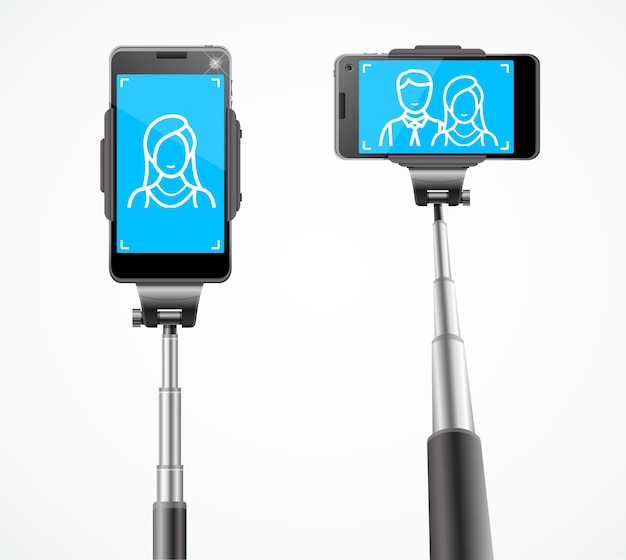 Monopods 3d detallados realistas con teléfonos para Selfie Vector