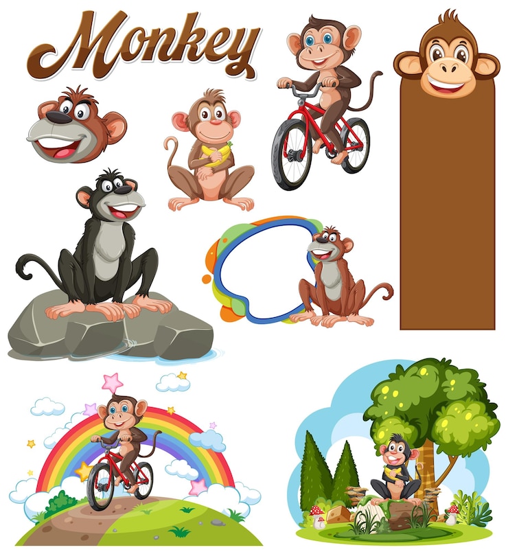 Vector los monos juguetones y las aventuras coloridas