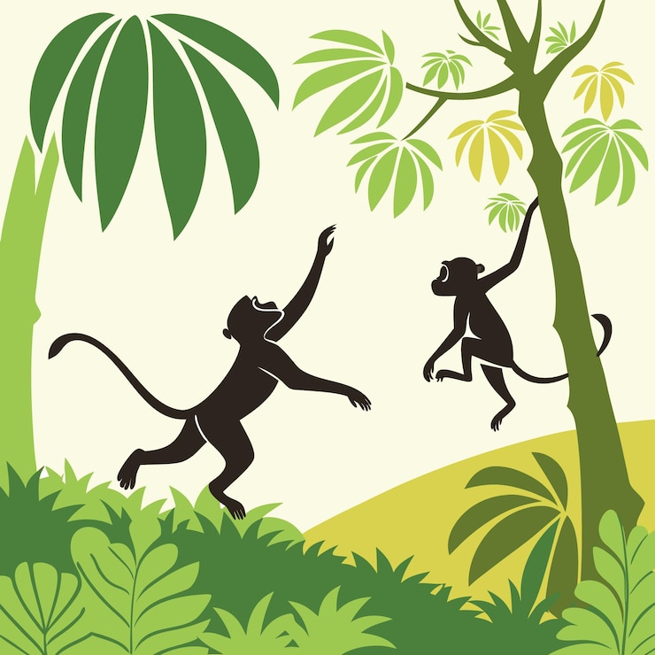 Vector monos juguetones saltando a través de los árboles tropicales ilustración vectorial