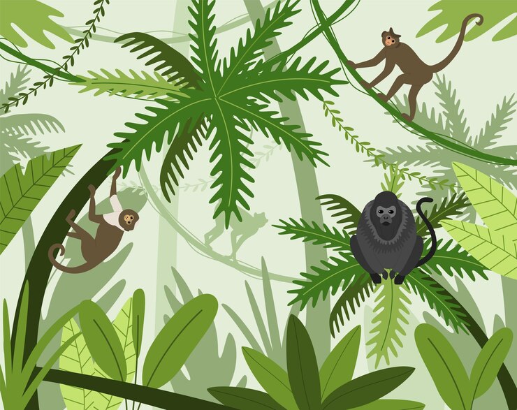 Vector monos en la jungla monos de dibujos animados trepando árboles en la selva fondo natural exótico con animales salvajes y follaje macacos y gibones saltando en las ramas verdor de palmeras vectoriales