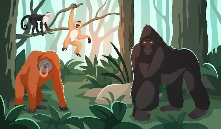 Vector monos en la selva animales exóticos en la naturaleza gorilas orangutanes y pequeños primates plantas y árboles de bosques tropicales mamíferos salvajes dibujos animados planos ilustración aislada concepto vectorial ordenado