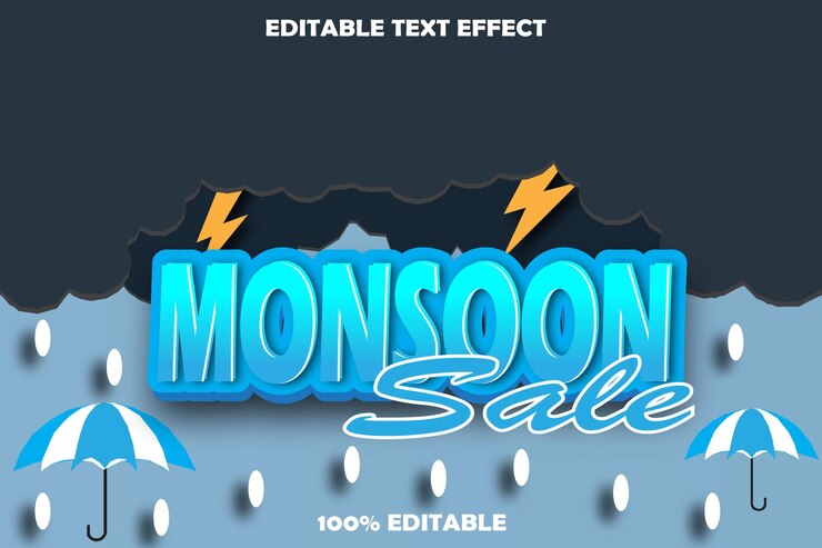 Vector monsoon sale editable text effect 3d relieve diseño de estilo de dibujos animados