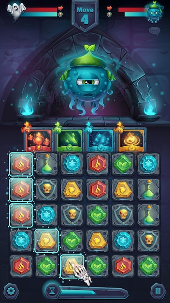 Monster battle gui slug nature playing field match - ventana de formato móvil de ilustración estilizada de dibujos animados con botones de opciones, elementos del juego, tarjetas.