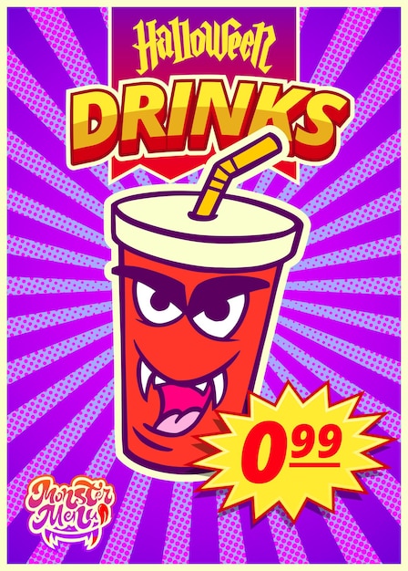 Monster drink menú banner vertical etiqueta de precio comida rápida café día de halloween ilustración vectorial.