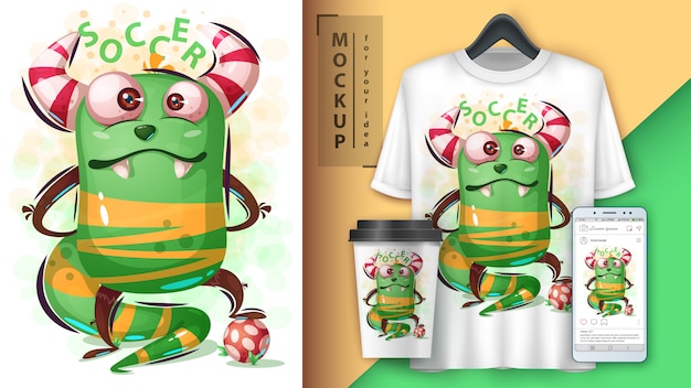 Vector monster play soccer y merchandising.