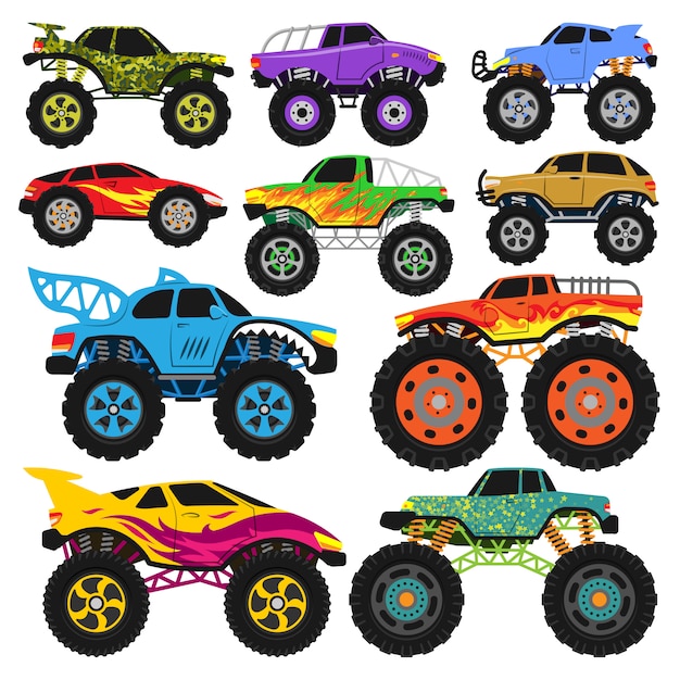 Monster truck vector de dibujos animados de vehículos o automóviles y transporte extremo conjunto de ilustración de monstertruck pesado con ruedas grandes aislado sobre fondo blanco.