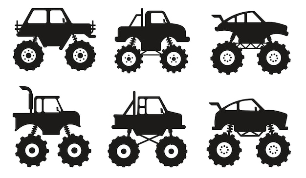 Monster trucks camioneta aislada siluetas vectoriales