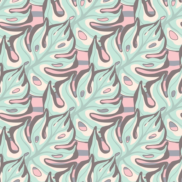 Vector monstera azul doodle deja siluetas de patrones sin fisuras. fondo rosa pastel. telón de fondo exótico natural. diseñado para diseño de tela, estampado textil, envoltura, funda. ilustración vectorial.