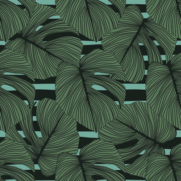 Monstera deja patrones sin fisuras sobre fondo de rayas. Patrón tropical, telón de fondo de hojas botánicas. Diseño de moda para tela, estampado textil, papel de regalo. Ilustración vectorial