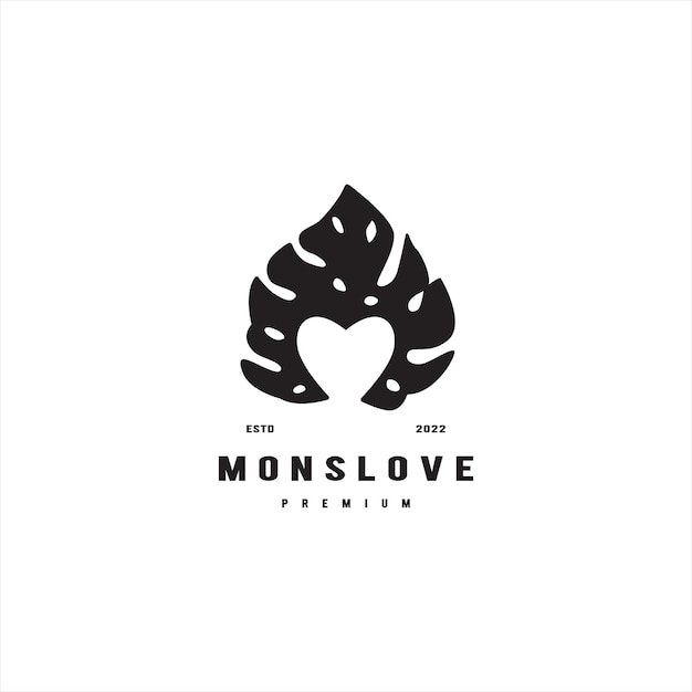 Monstera deliciosa con corazón en una ilustración de diseño de logotipo vintage de icono de espacio negativo