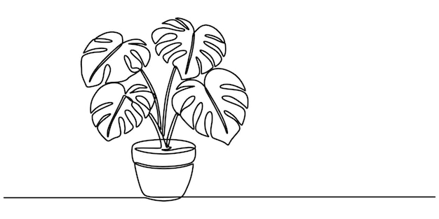 Monstera en el dibujo de la olla en una línea continua dibujo de línea continua única monstera Monstera