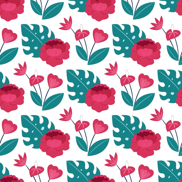 Monstera y peonía rosa en un patrón sin fisuras