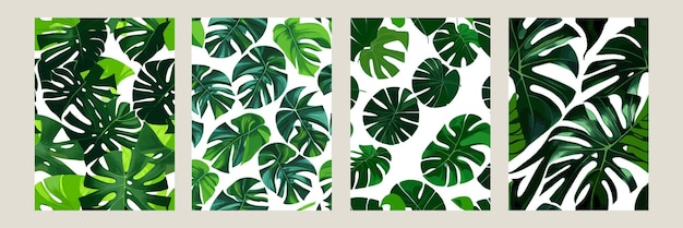 Monstera verde como patrón en un patrón exótico de fondo blanco con hojas tropicales Conjunto de ilustración vectorial