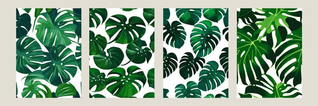 Monstera verde como patrón en un patrón exótico de fondo blanco con hojas tropicales Conjunto de ilustración vectorial