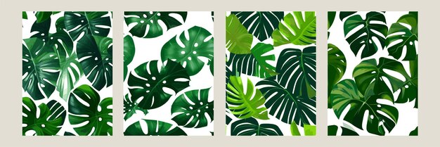 Monstera verde como patrón en un patrón exótico de fondo blanco con hojas tropicales Conjunto de ilustración vectorial