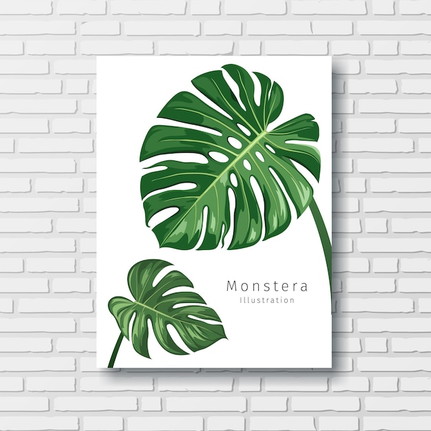 Monstera verde deja marco blanco sobre fondo de pared de bloque Eps 10 ilustración