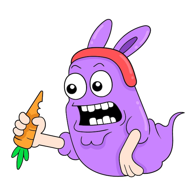 Monstruo de baba púrpura comiendo zanahorias doodle icono imagen kawaii