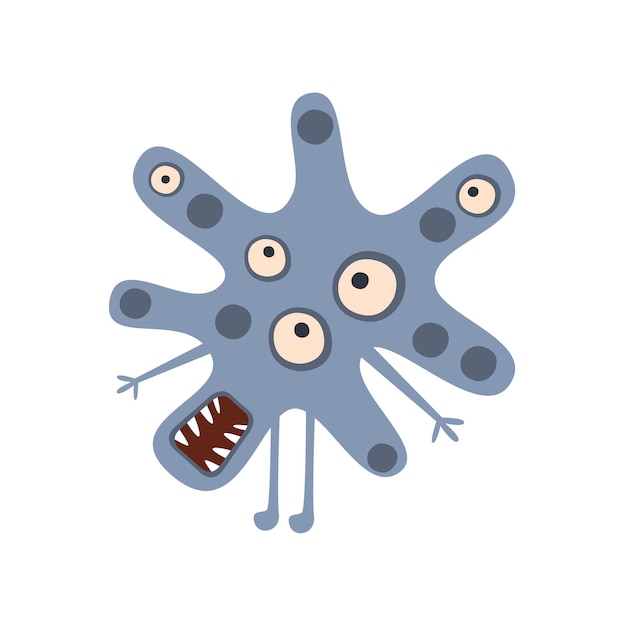 Monstruo de bacterias malignas agresivas en forma de mancha azul con dientes afilados y muchos ojos ilustración vectorial de dibujos animados