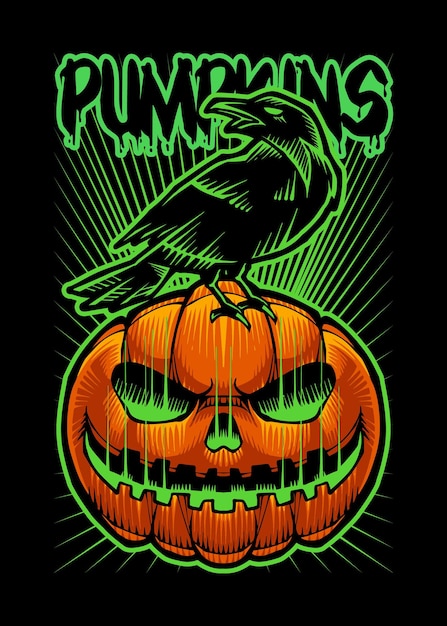 Monstruo de calabaza y vector de cuervo en estilo de ilustración japonés aislado