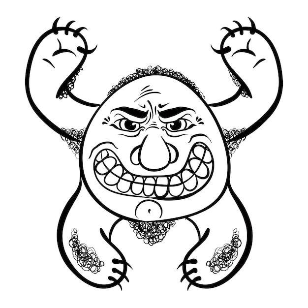 Monstruo de dibujos animados enojado ilustración vectorial de líneas blancas y negras