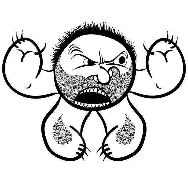 Monstruo de dibujos animados enojado con rastrojo, líneas en blanco y negro ilustración vectorial.