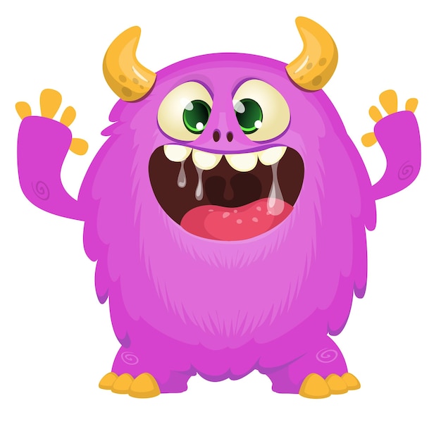 Monstruo de dibujos animados con expresión facial divertida y emocionada agitando las manos Ilustración vectorial aislada en diseño blanco de Halloween