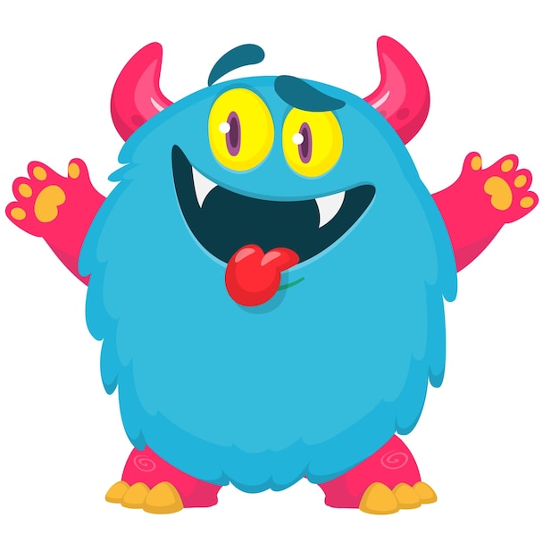 Monstruo de dibujos animados con expresión facial divertida y emocionada agitando las manos Ilustración vectorial aislada en diseño blanco de Halloween