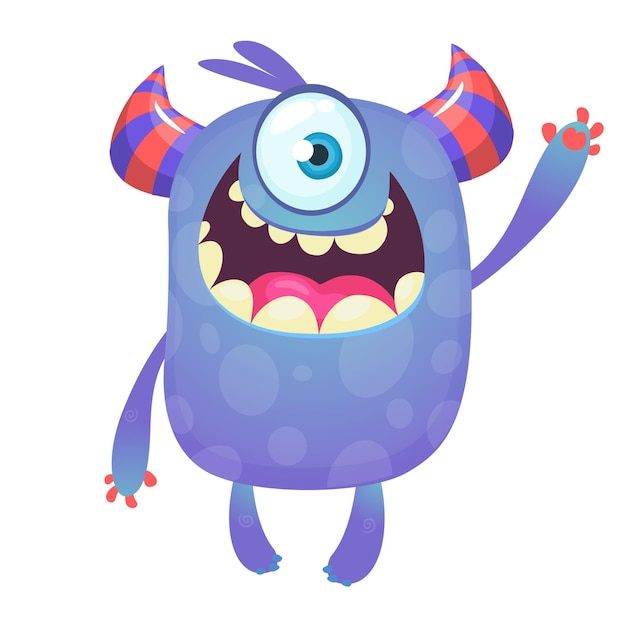 Monstruo de dibujos animados lindo con cuernos y con un ojo Emoción de monstruo sonriente con boca grande Ilustración de vector de Halloween