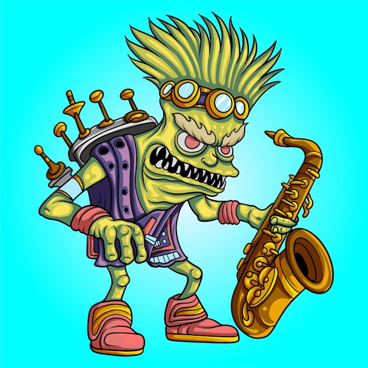 Vector monstruo con dibujos animados de música de saxofón