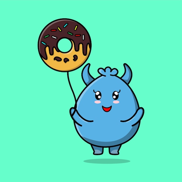 Monstruo duende de dibujos animados lindo flotando con globos de donuts ilustración de icono de vector de dibujos animados