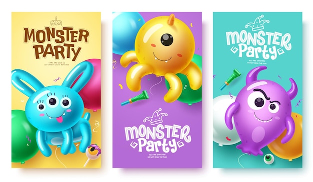 Monstruo fiesta globos vector poster conjunto de diseño de tarjeta de invitación de Halloween de cumpleaños con animal