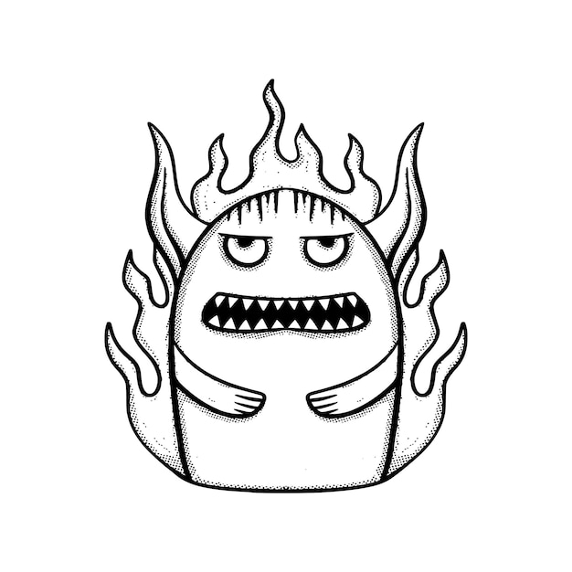 Monstruo fuego Ilustración dibujado a mano dibujos animados boceto lineart estilo vintage vector