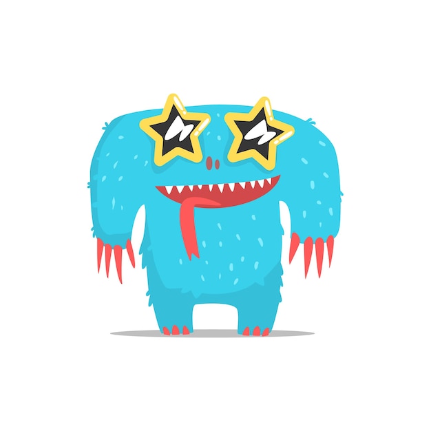 Monstruo gigante peludo azul feliz en gafas oscuras en forma de estrella de fiesta como invitado en la ilustración de vector de fiesta elegante glamurosa