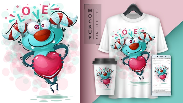 Vector monstruo con ilustración de corazón y merchandising