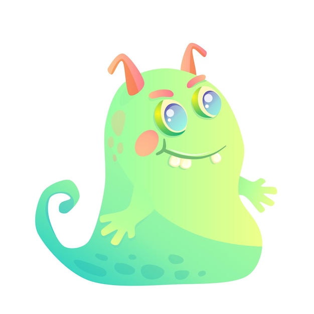 Monstruo lindo alienígena espacial en estilo de dibujos animados aislado Monstruo de personaje de dibujos animados verde en estilo de fantasía para juego o halloween Diseño de ilustración vectorial Personaje de gelatina con cuernos y dientes