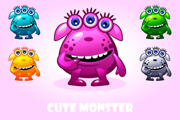 Vector monstruo lindo de dibujos animados en diferentes colores, juego de caracteres divertidos