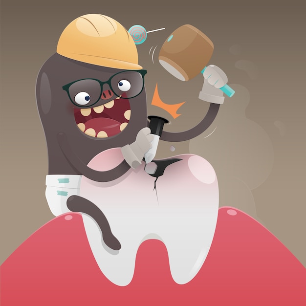 Vector el monstruo malo está cavando y dañando el diente. un dolor de muelas es causado por la caries dental, vector de dibujos animados, concepto con la salud dental