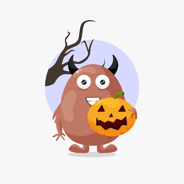 Monstruo marrón lindo con ilustración de halloween de calabaza