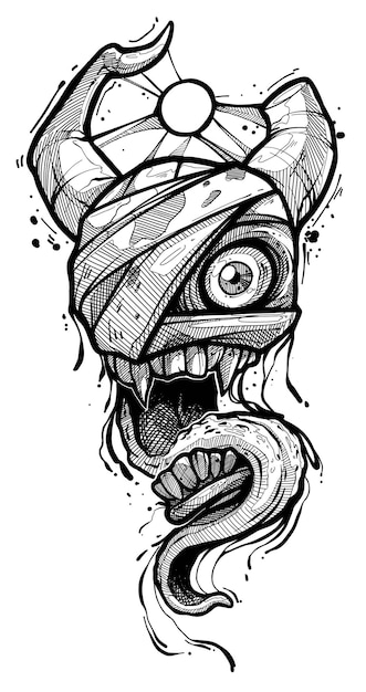 Monstruo de momia zombie aterrador de dibujos animados con cuernos