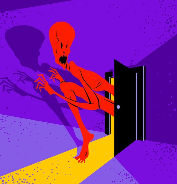 El monstruo de la pesadilla entra en la ilustración elegante del vector del dormitorio de la habitación oscura, la criatura fantasma de dibujos animados divertidos que da miedo mirando dentro, el dibujo del tema del horror.