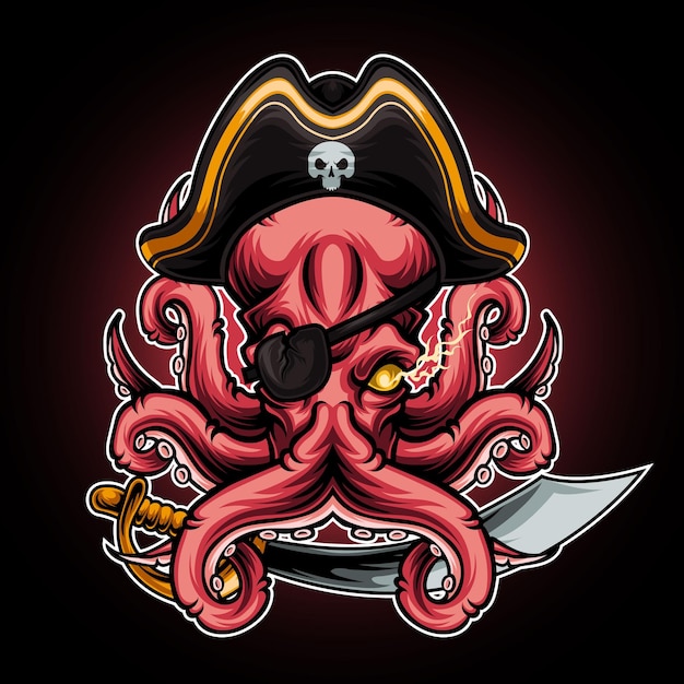 Vector monstruo pulpo con sombrero y espada pirata ilustración vectorial