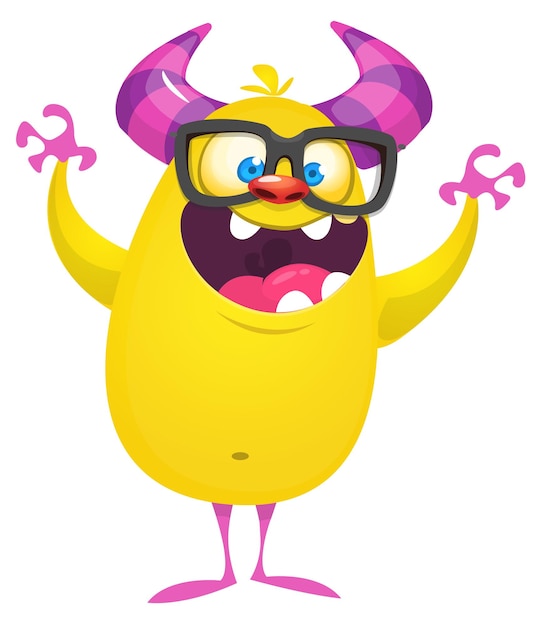 Monstruo rosado de dibujos animados aterrador con gafas y agitando Vector lindo monstruo ilustración de mascota para Halloween