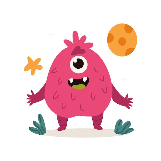 Monstruo rosado gracioso con ojos grandes sonriendo y agitando las manos ilustración vectorial