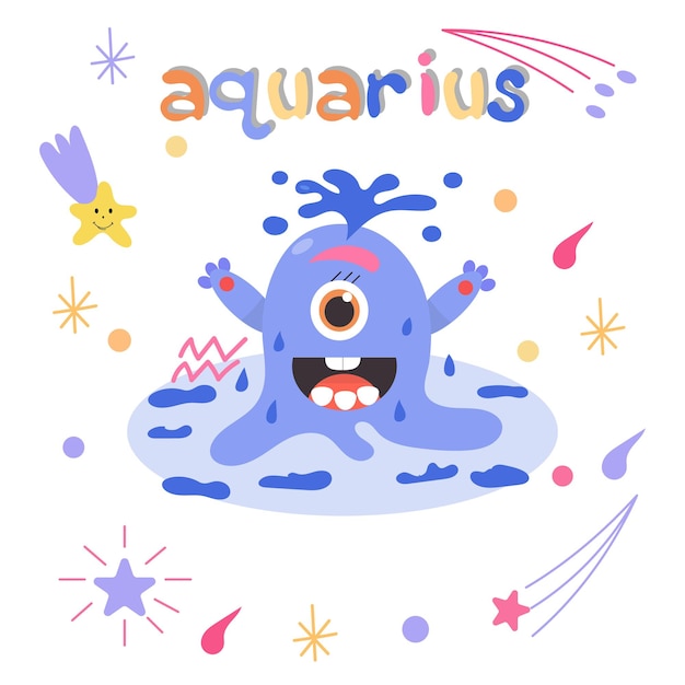 Monstruo del zodiaco de dibujos animados lindo acuario. gran estampado para ropa de niños. postal de felicitación.