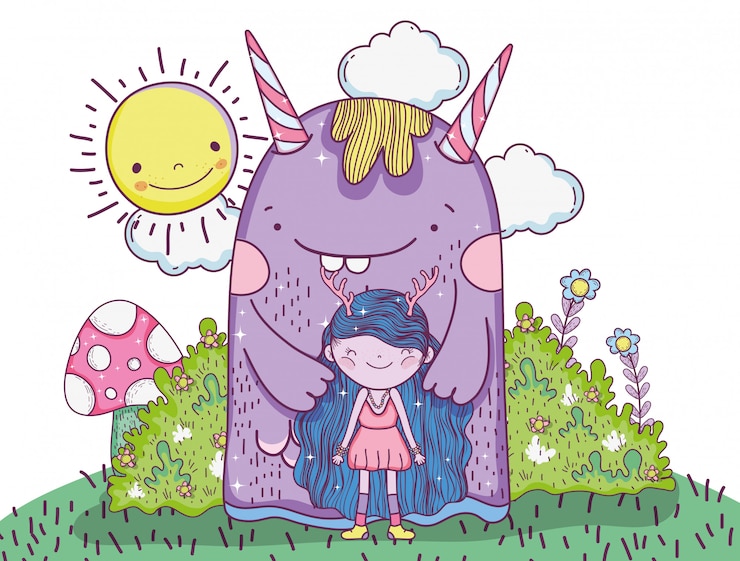 Vector monstruos y criaturas de niña con sol y arbustos.