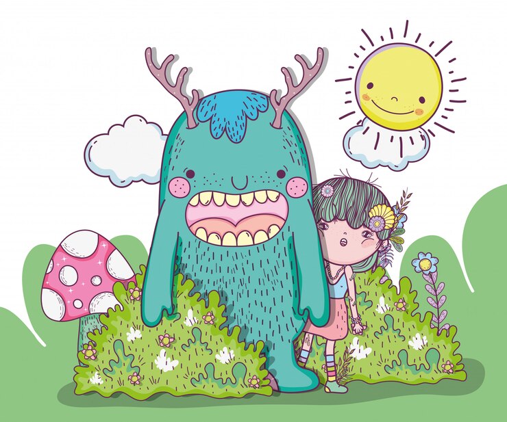 Vector monstruos y criaturas de niña con sol y nubes.