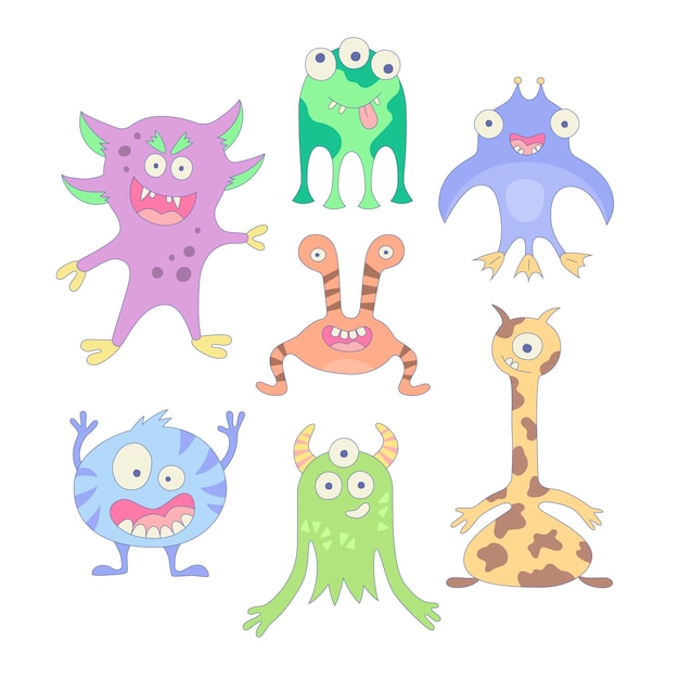 Monstruos divertidos conjunto de elementos en estilo de dibujos animados ilustración vectorial