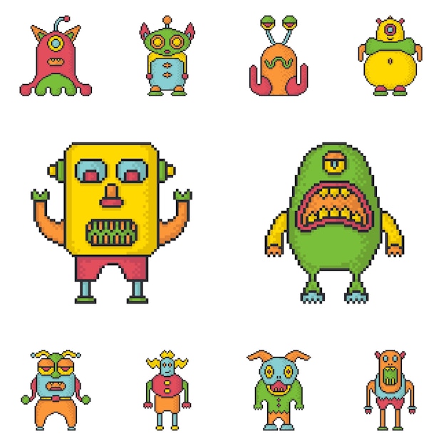 Monstruos divertidos pixel art estilo vector iconos conjunto.