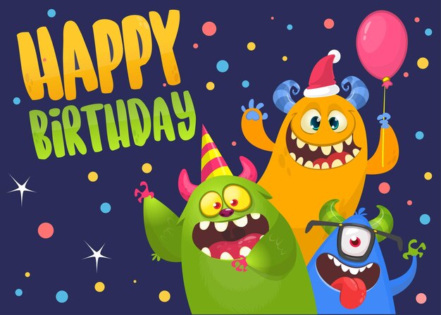 Vector monstruos felices de dibujos animados con diferentes expresiones faciales tarjeta de invitación de fiesta de cumpleaños o diseño de cartel ilustración vectorial