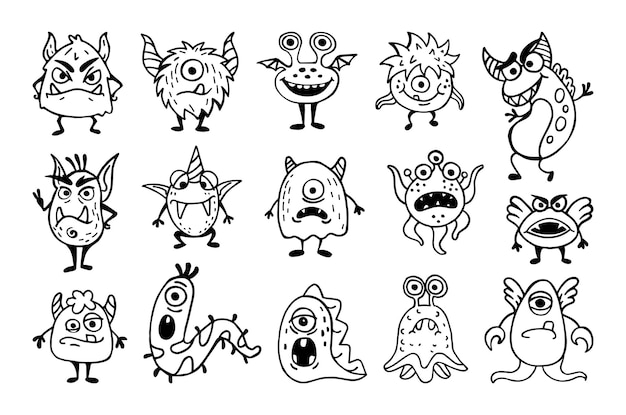 Monstruos de garabateo lindos dibujos infantiles de animales niños felices alienígenas arte divertido juguetes para niños mascotas sonrientes personajes de fantasía espeluznantes diseño vectorial de guardería para bebés iconas de dibujos animados ordenados